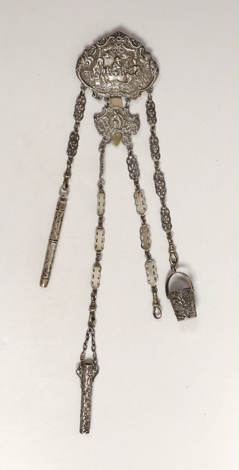 A Victorian silver chatelaine with three (ex 4) accessories, Miller Brothers, London, 1889, 29.2cm.